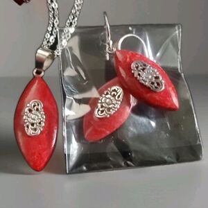 Mediterranean Red Sponge Coral Floral Vine Necklace/Earrings Sterling Silver Set